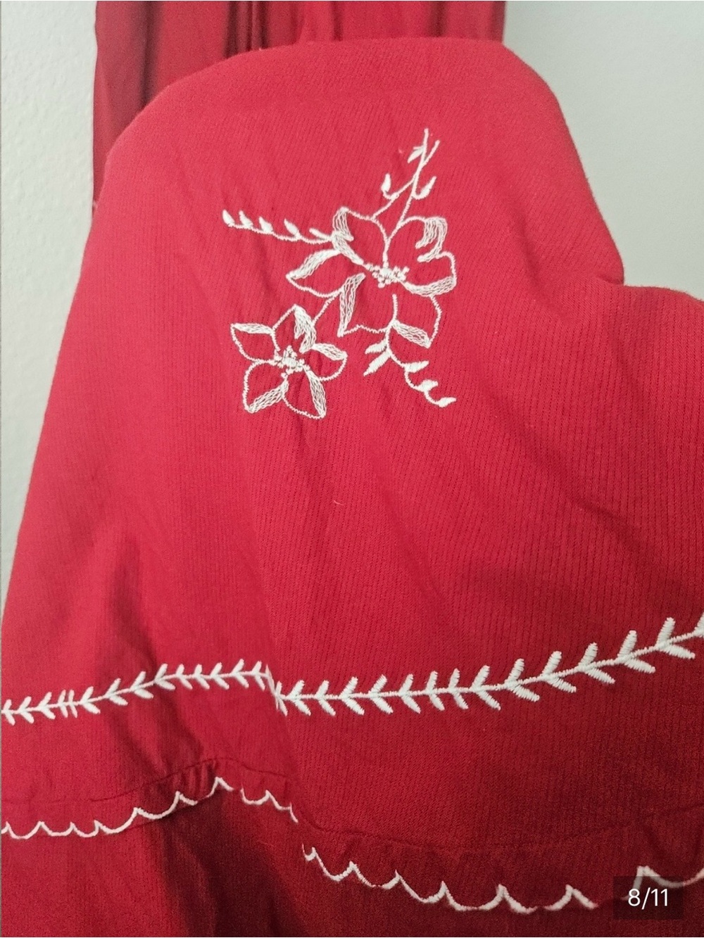 THE GREAT. Embroidered Button-Front Midi Dress in Burgundy - Picture 4 of 5